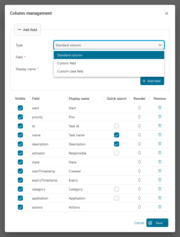 Dashboard task widget's column management