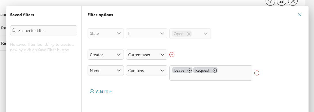 Dashboard widget's filters panel