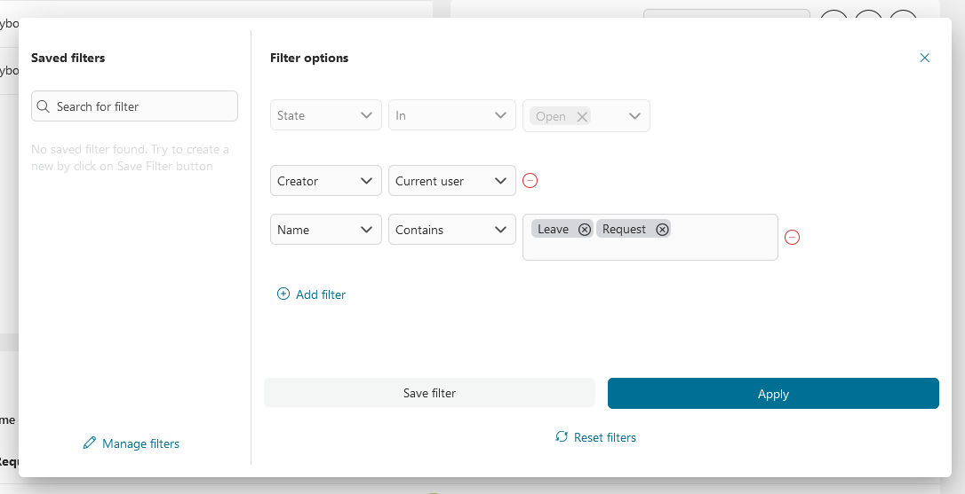 Dashboard widget's filters panel