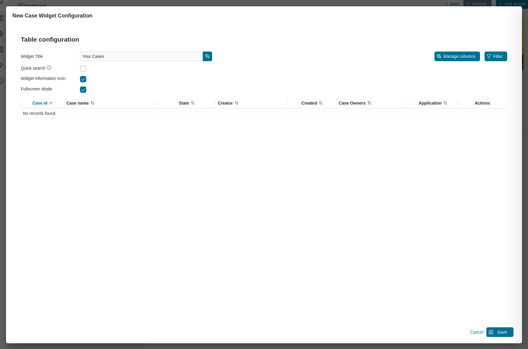 Dashboard case widget's configuration dialog