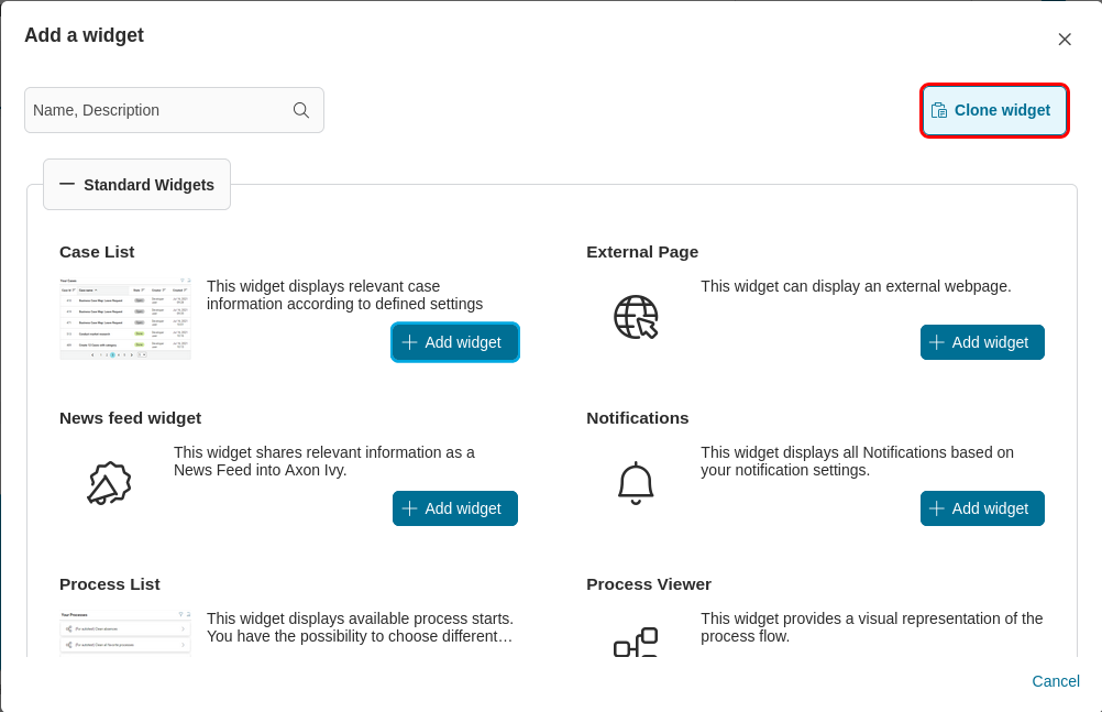 "Clone widget from" button placed inside the "Add new widget" dialog. The "Clone widget from" dialog will appear after clicking this button.