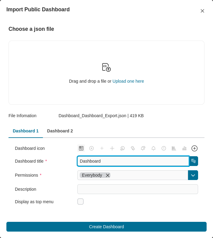 Import public dashboard dialog