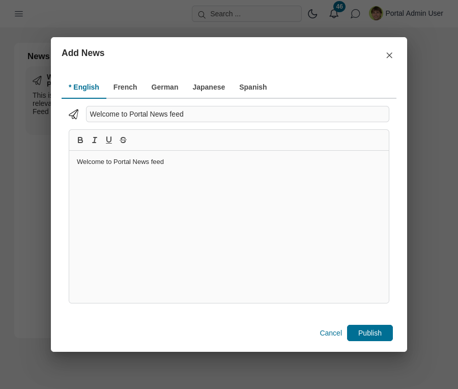 Dashboard news feed widget's Manage news dialog
