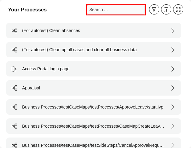 Quick search feature of dashboard process widget