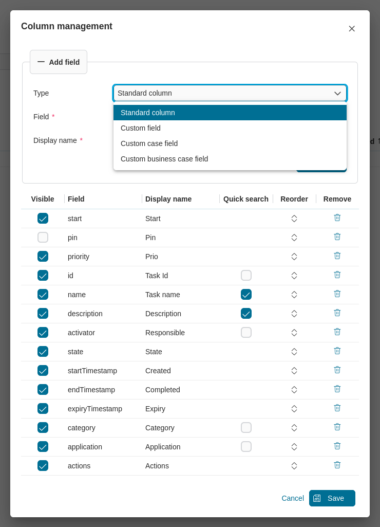 Dashboard task widget's column management
