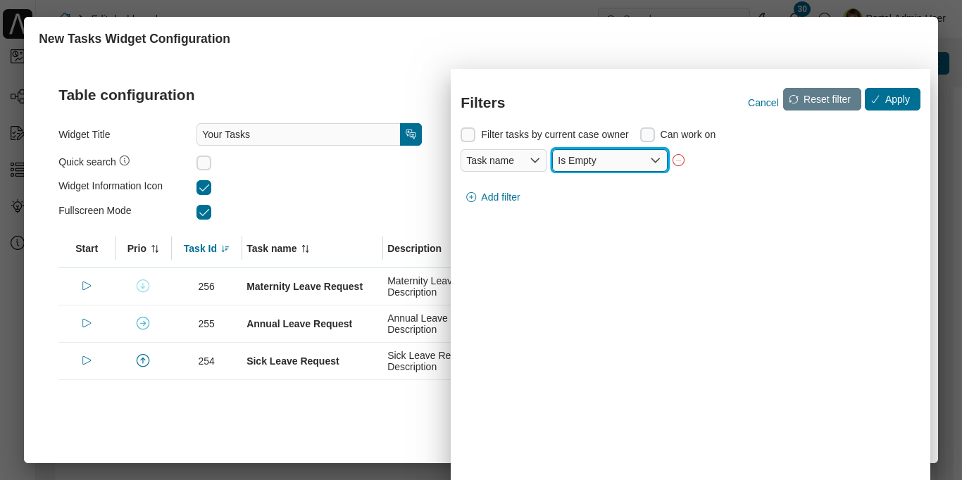 Dashboard task widget's configuration panel