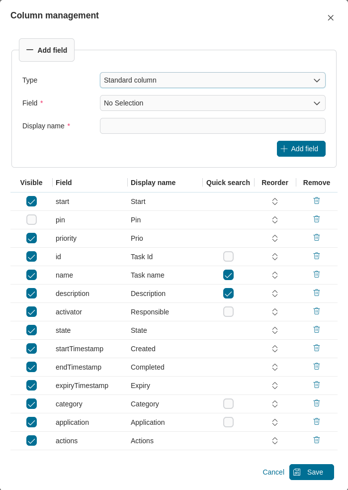 Dashboard task widget's table configuration