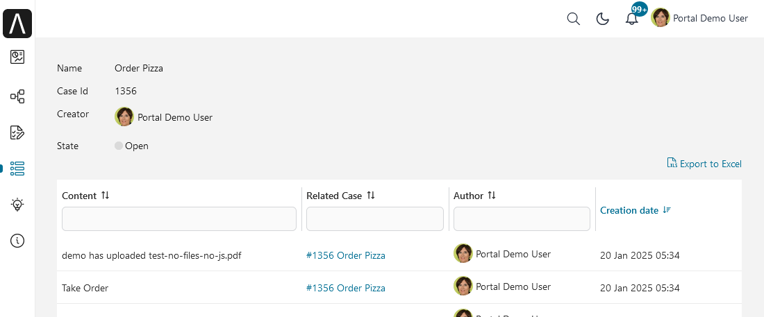 Case Business Information page: Link to export case history