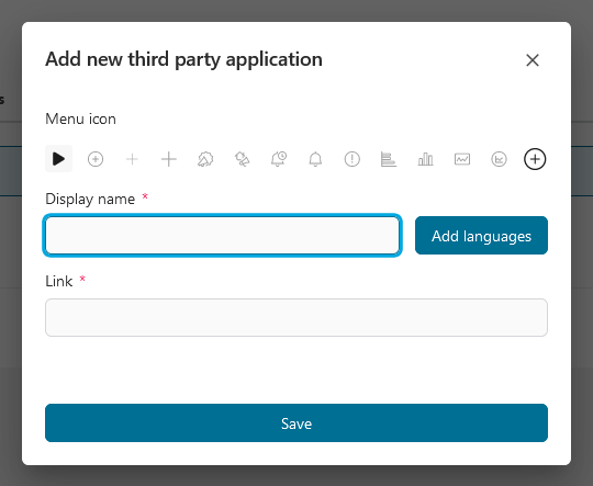 Admin setting: Add application dialog