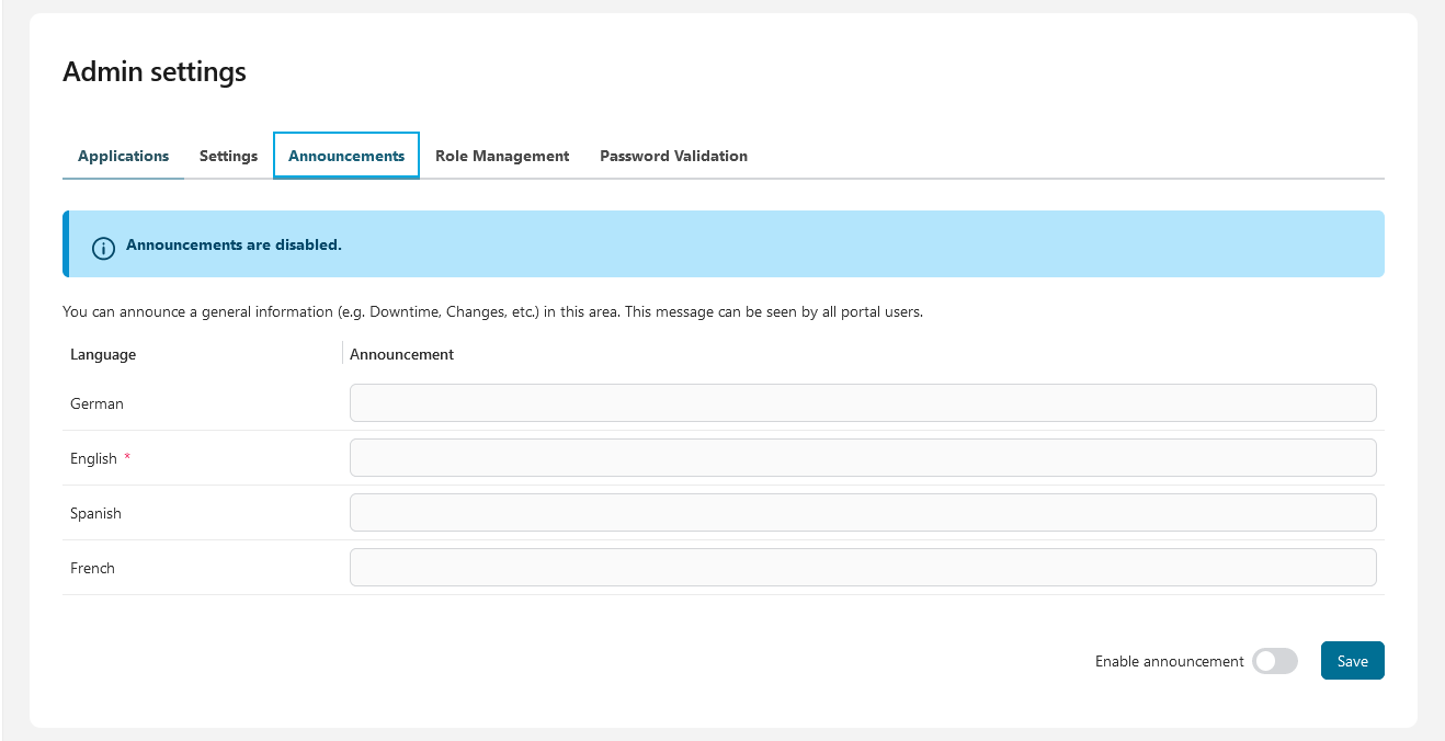 Admin setting: Announcement