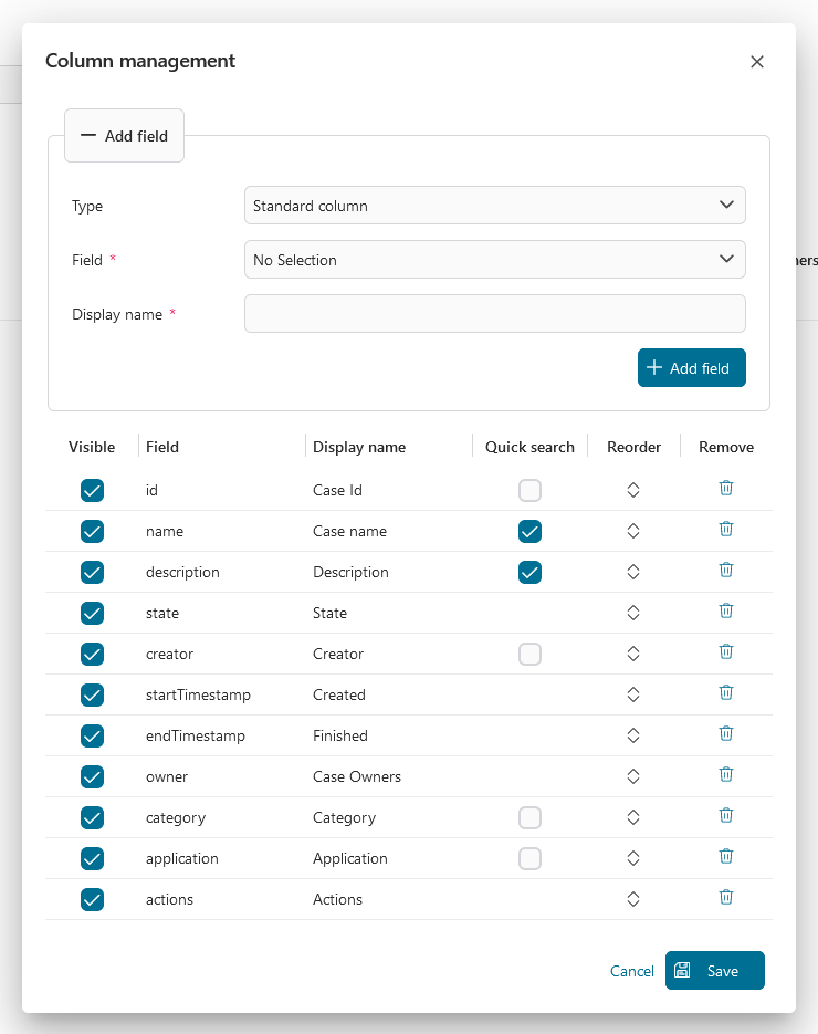 Dashboard case widget's table configuration