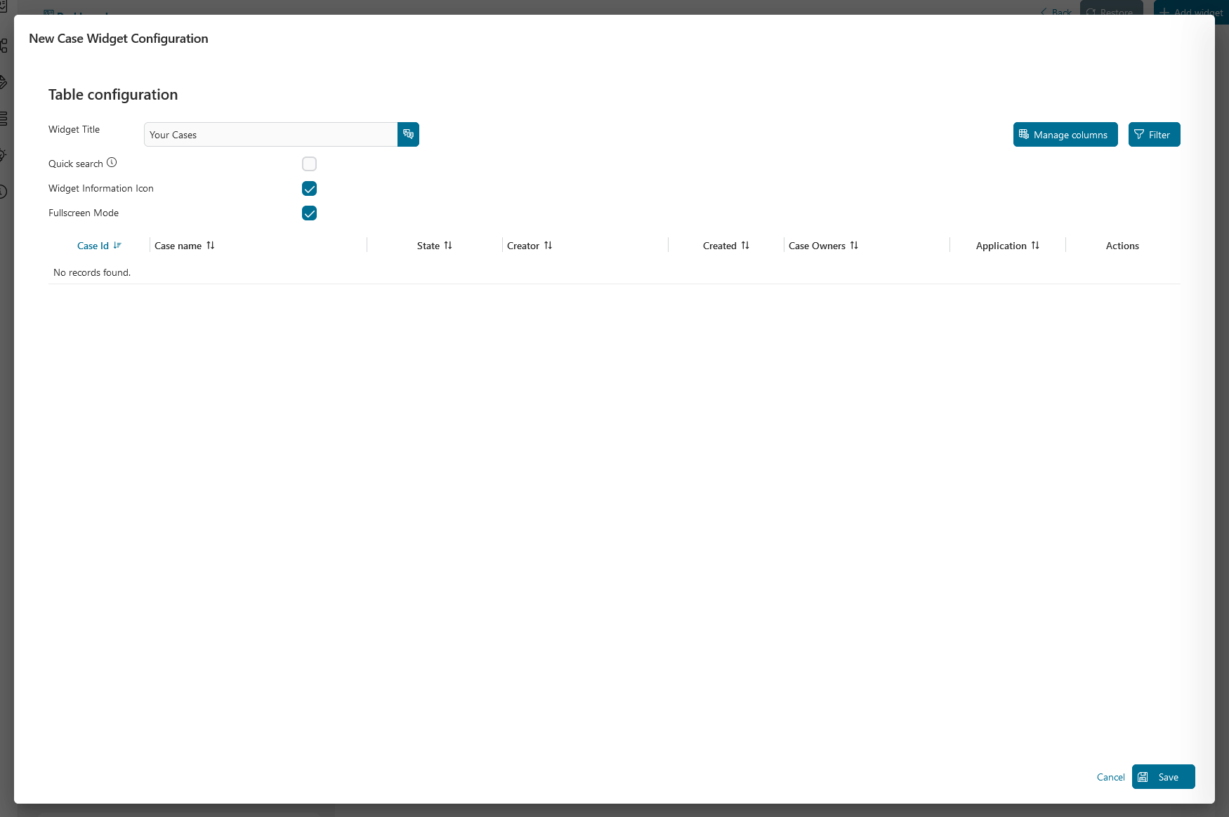 Dashboard case widget's configuration dialog