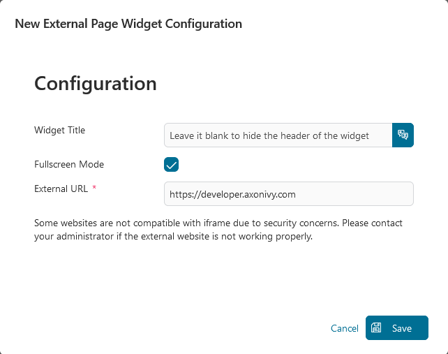 Dashboard external page widget's configuration dialog