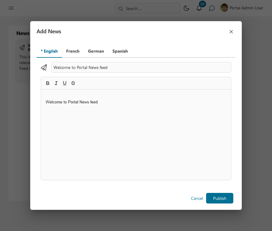 Dashboard news feed widget's Manage news dialog