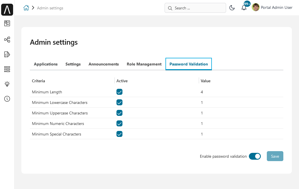 Admin setting: Password Validation