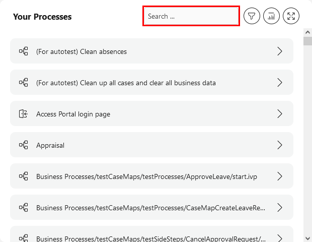 Quick search feature of dashboard process widget