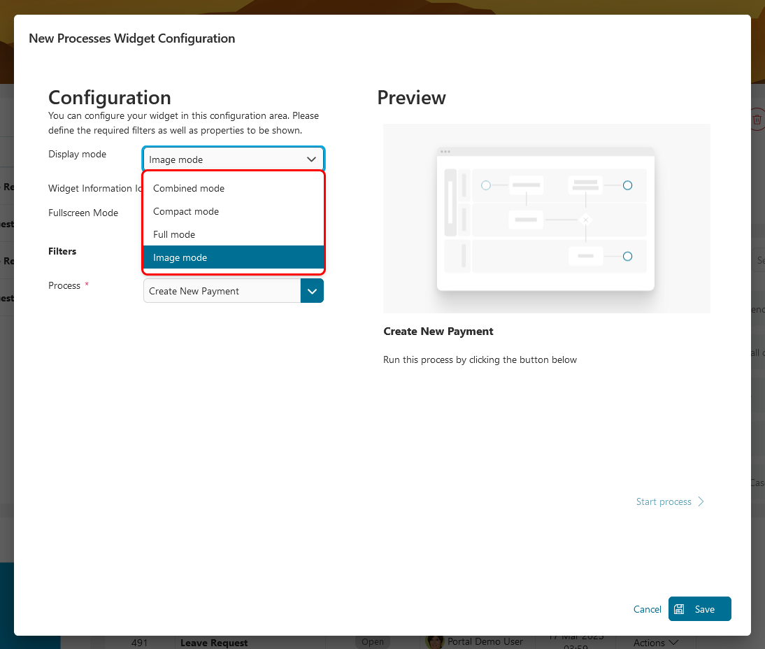 Dashboard process widget mode selection