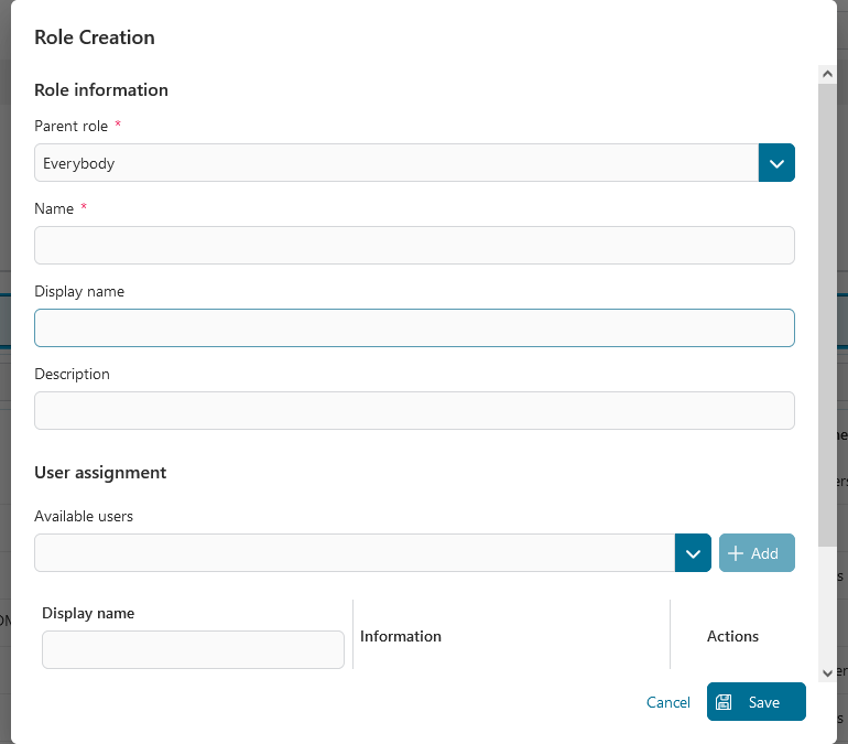 Admin setting: role creation dialog