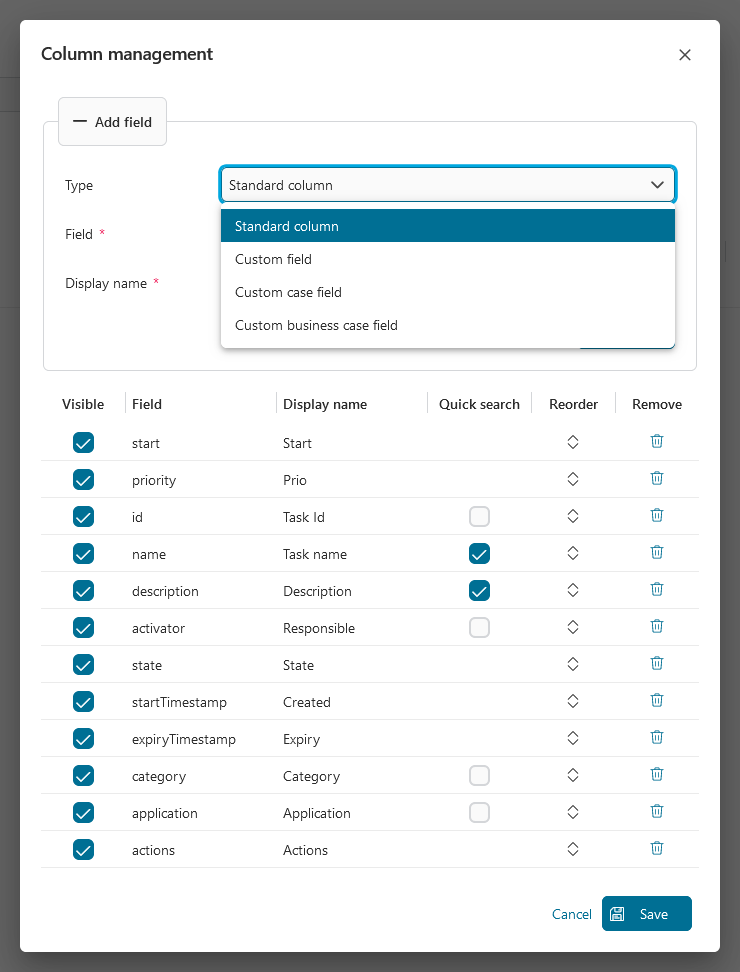 Dashboard task widget's column management