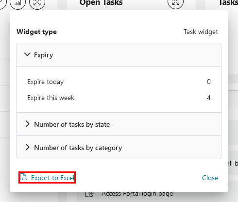 Dashboard task widget: export to Excel feature