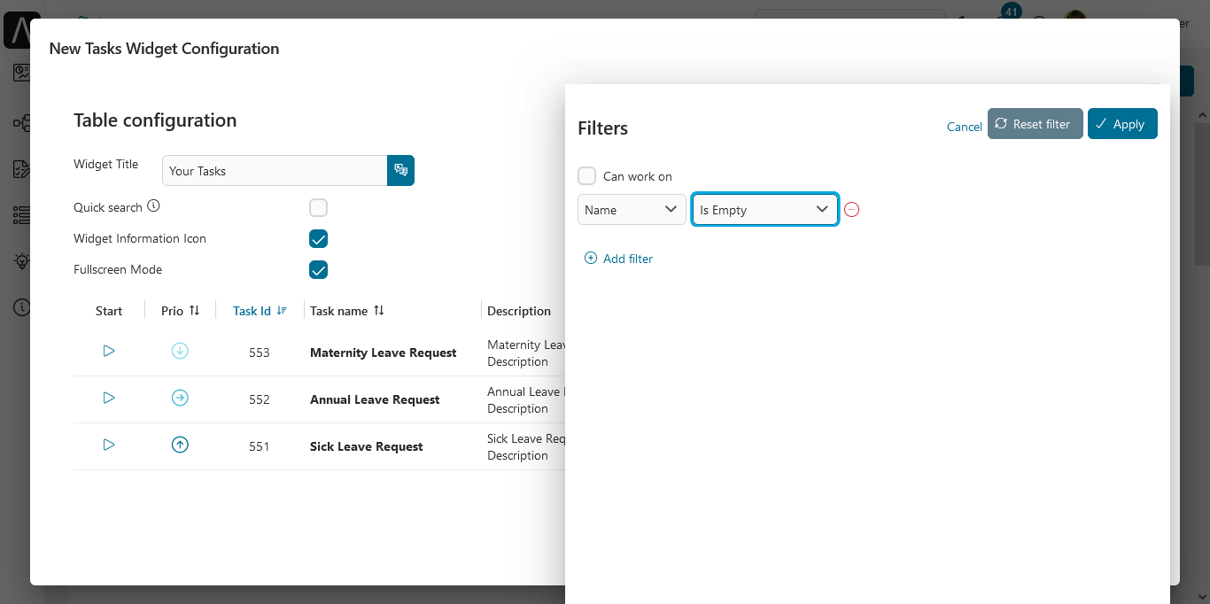 Dashboard task widget's configuration panel