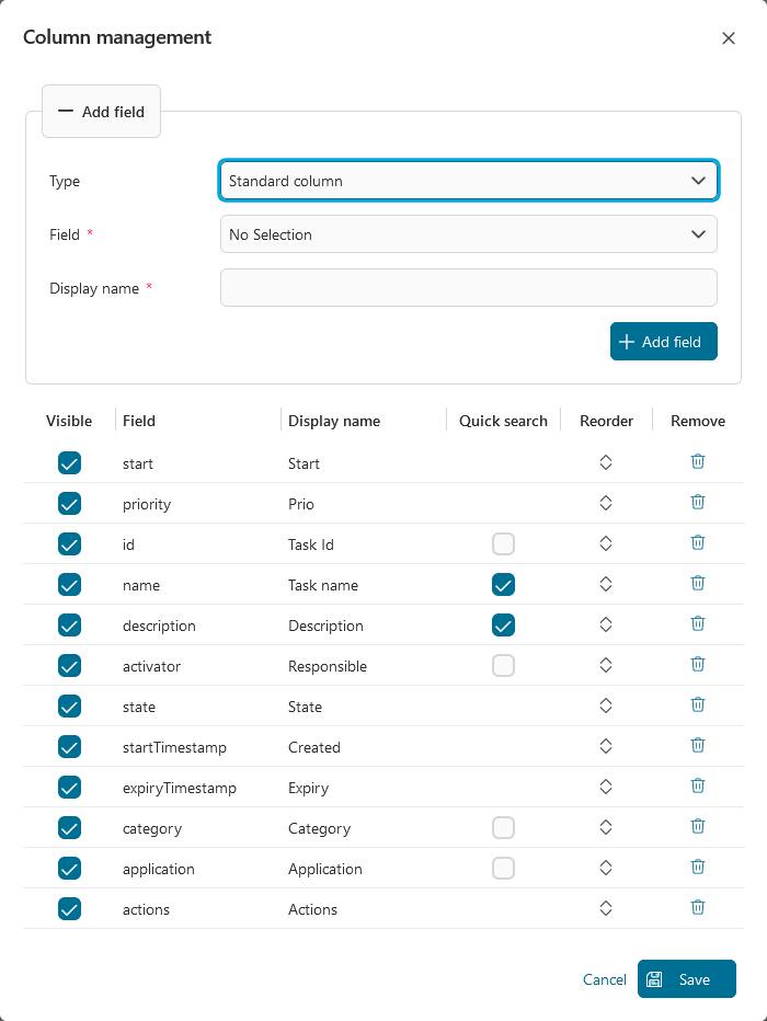 Dashboard task widget's table configuration