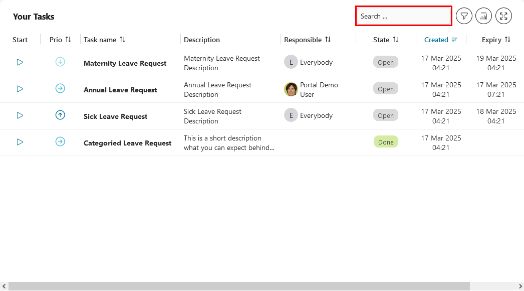 Dashboard task widget's quick search