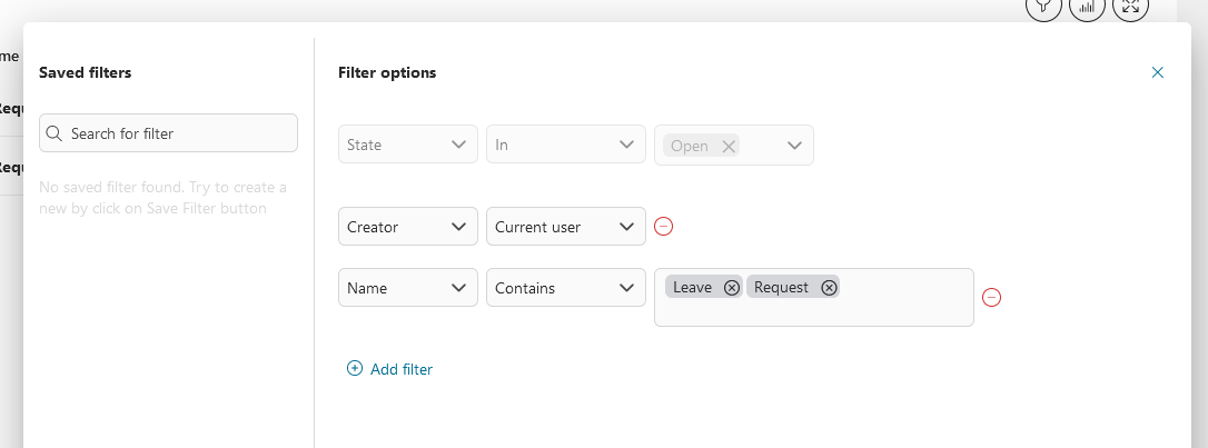 Dashboard widget's filters panel