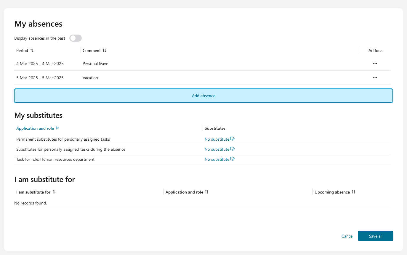 Absences page