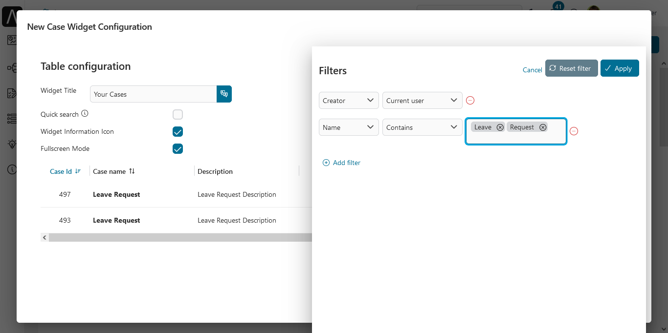 Dashboard case widget's configuration panel