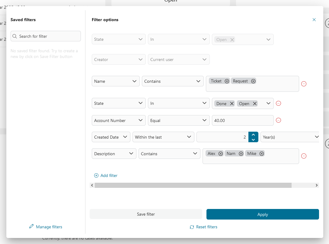 Complex filters combination