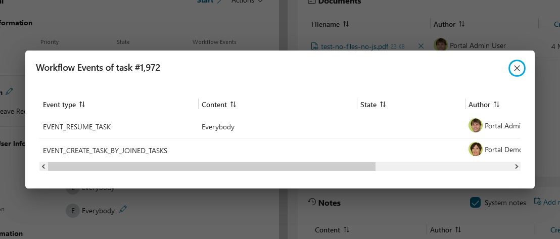 Workflow events of task dialog