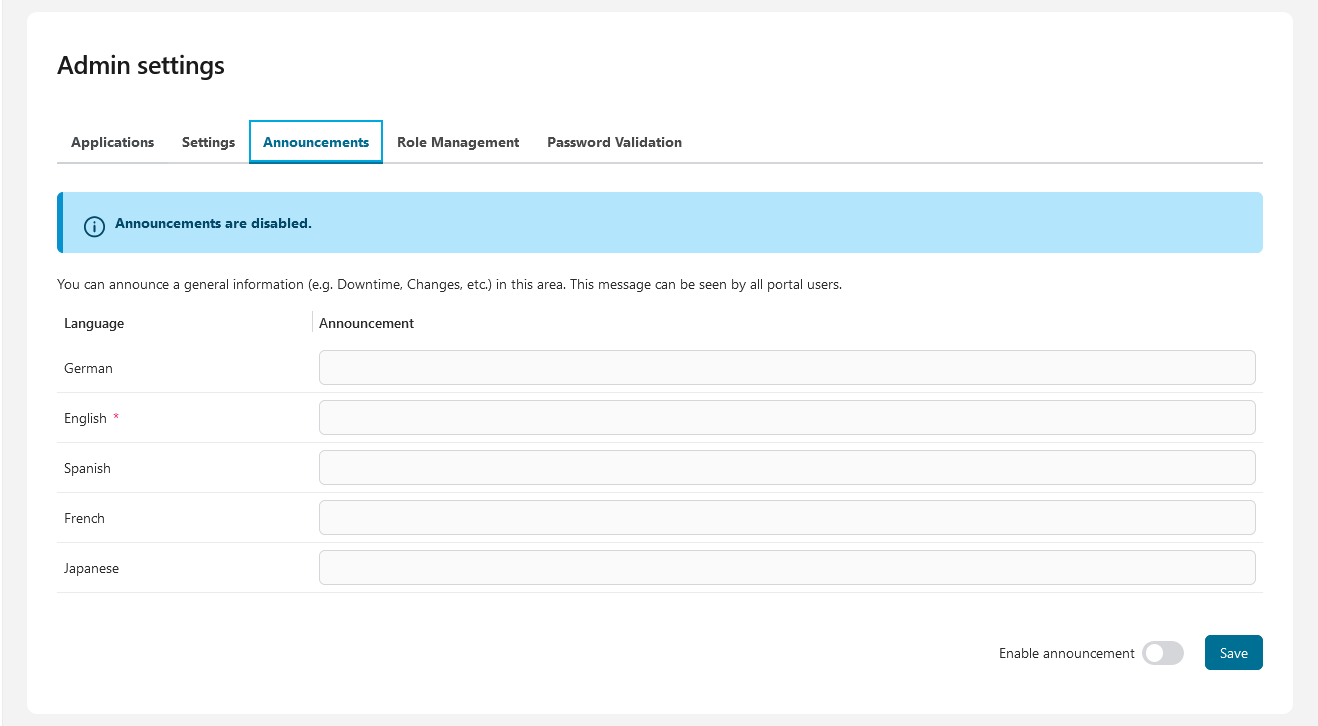 Admin setting: Announcement