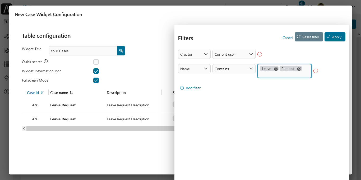 Dashboard case widget's configuration panel