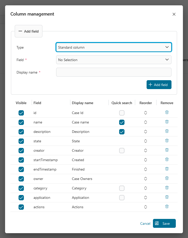 Dashboard case widget's table configuration