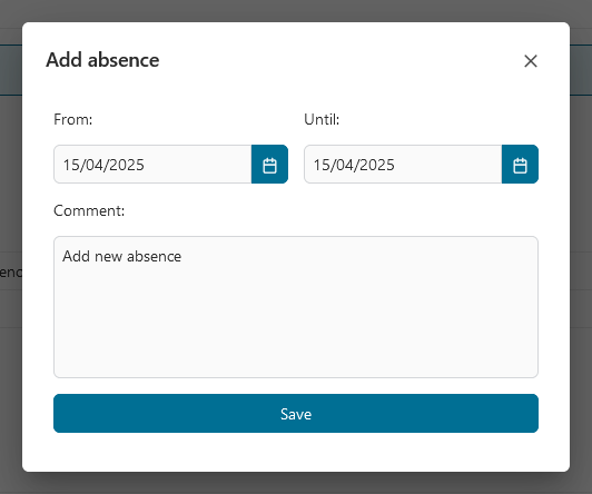 Absences page: Add new absence dialog