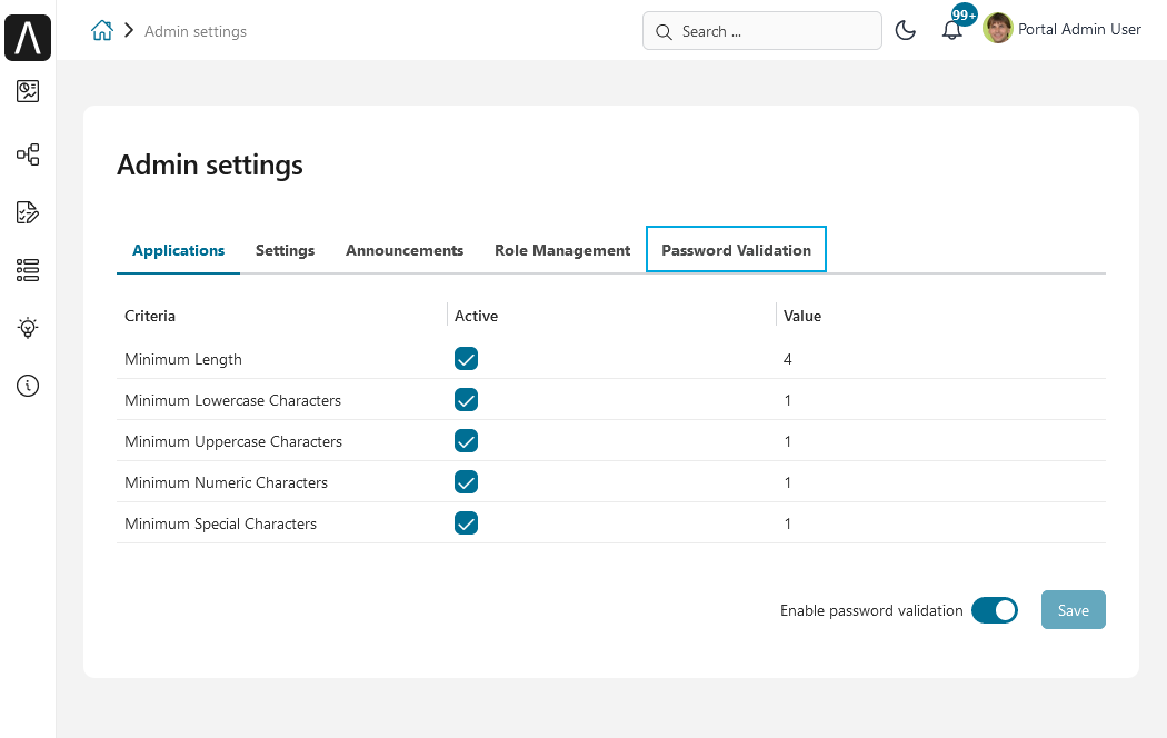 Admin setting: Password Validation