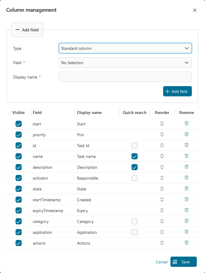 Dashboard task widget's table configuration