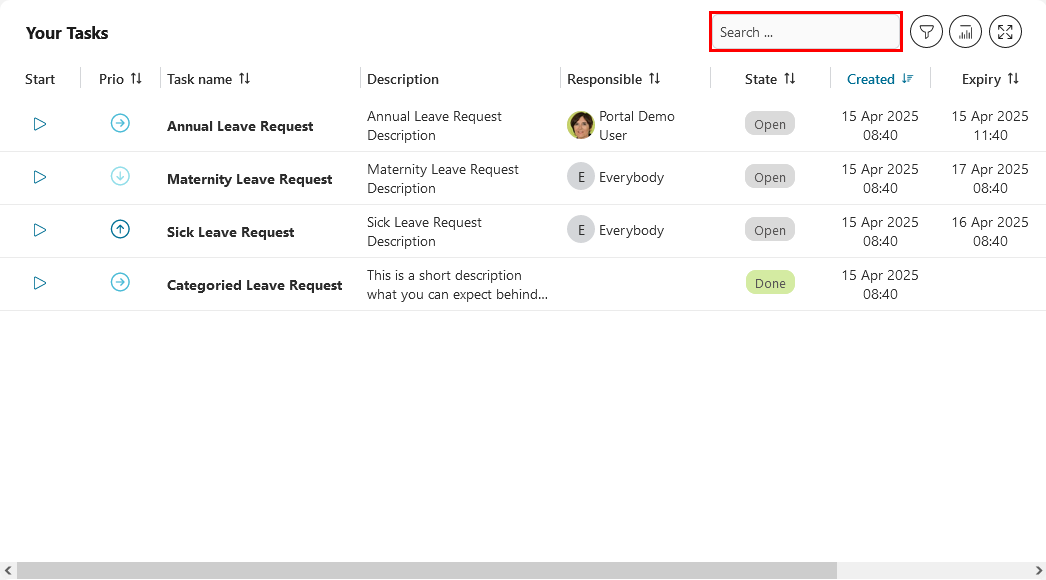 Dashboard task widget's quick search