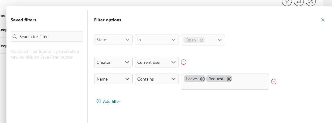 Dashboard widget's filters panel