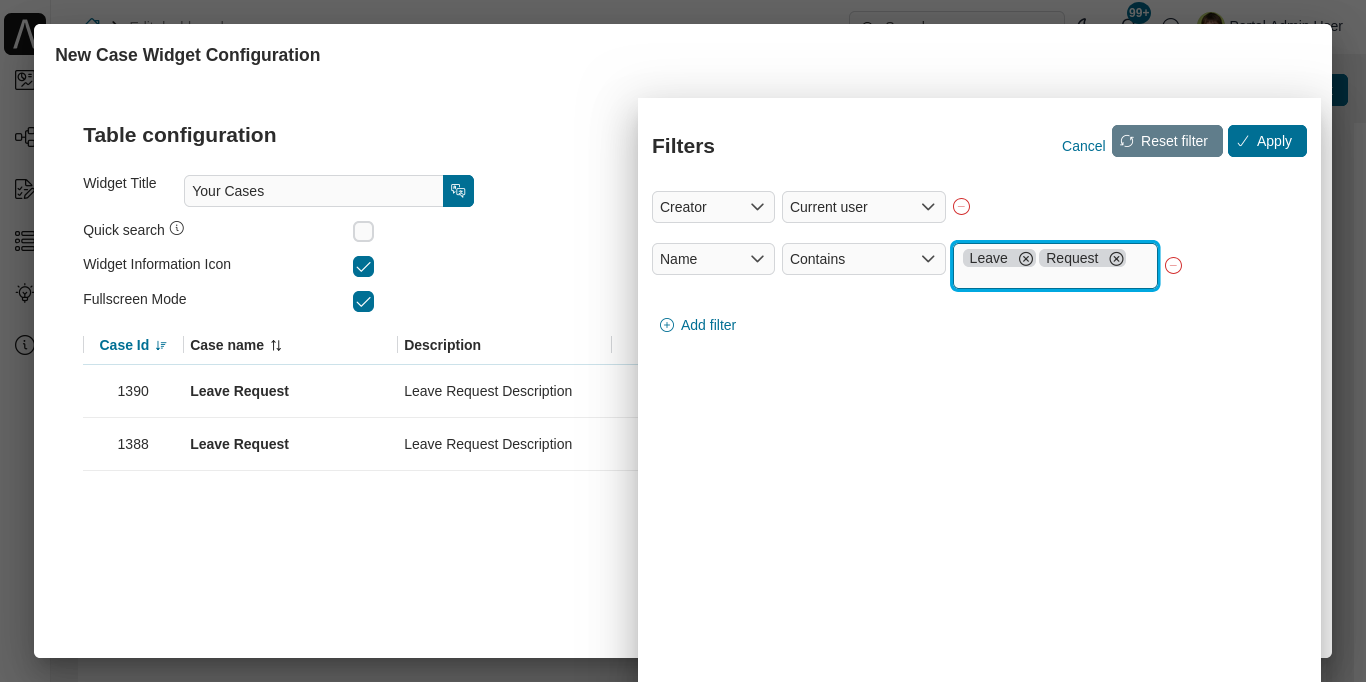Dashboard case widget's configuration panel
