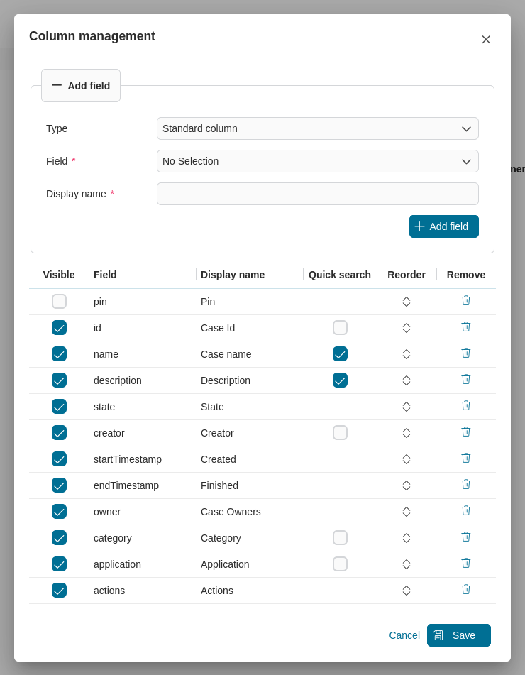 Dashboard case widget's table configuration