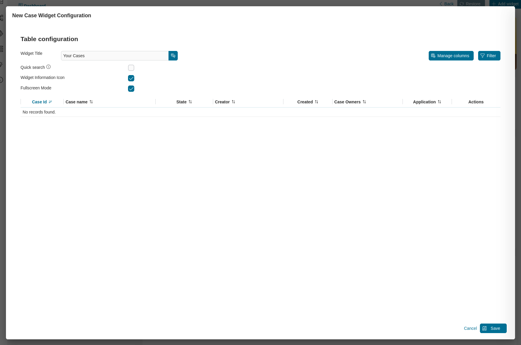 Dashboard case widget's configuration dialog