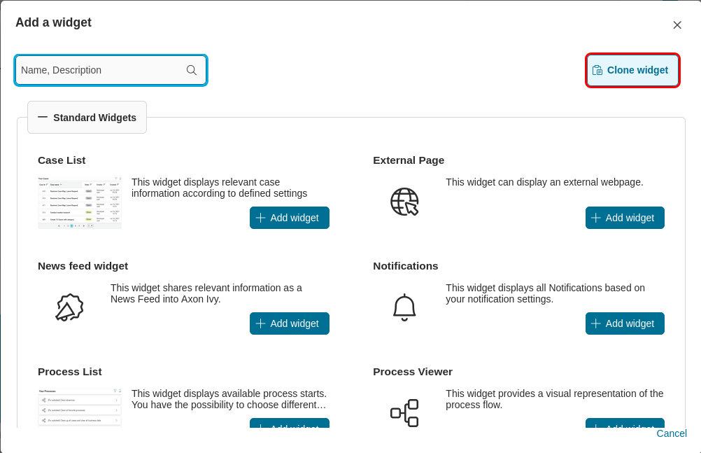 "Clone widget from" button placed inside the "Add new widget" dialog. The "Clone widget from" dialog will appear after clicking this button.