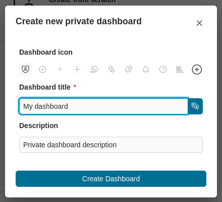 Create private dashboard dialog