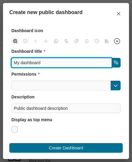 Create public dashboard dialog