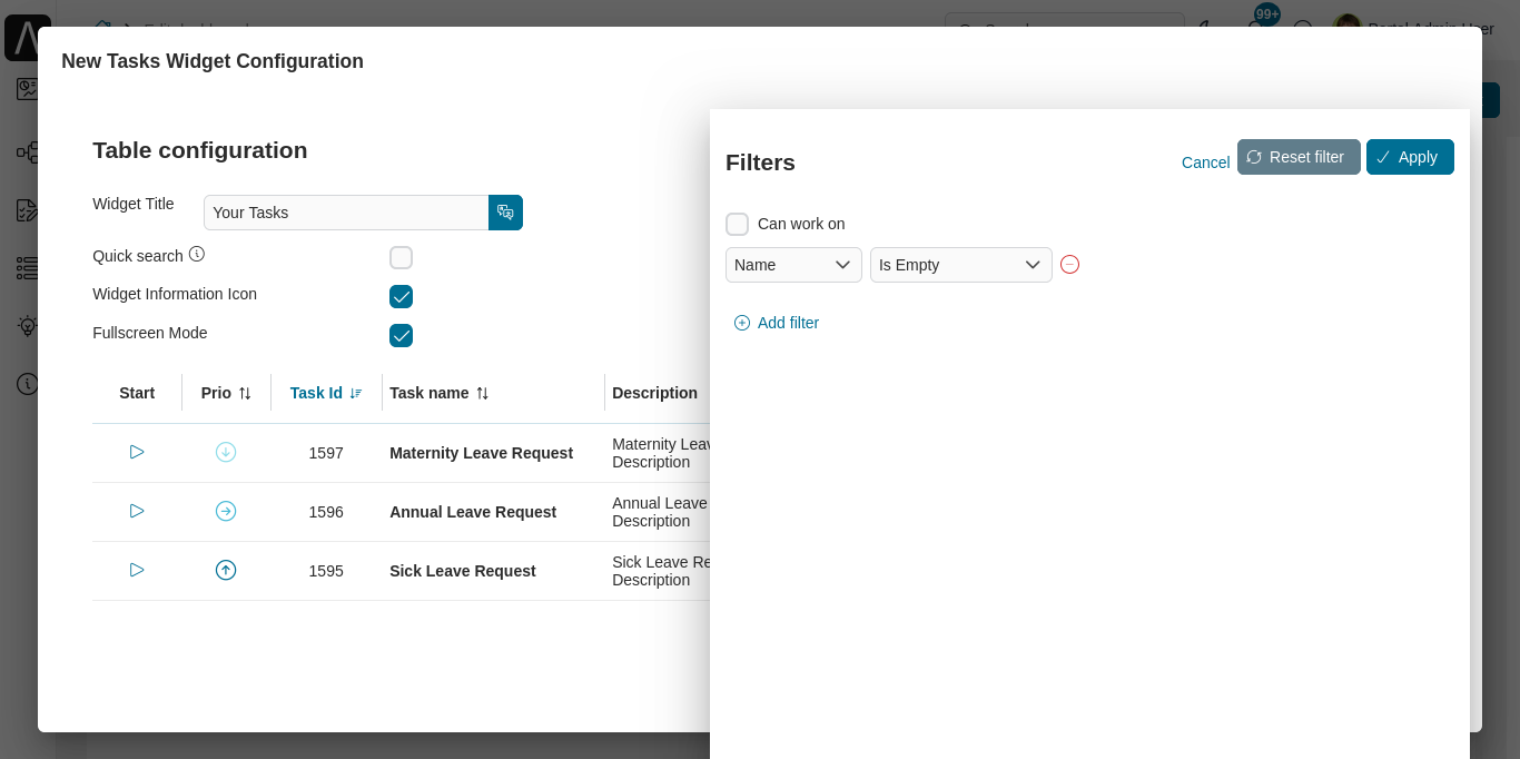 Dashboard task widget's configuration panel