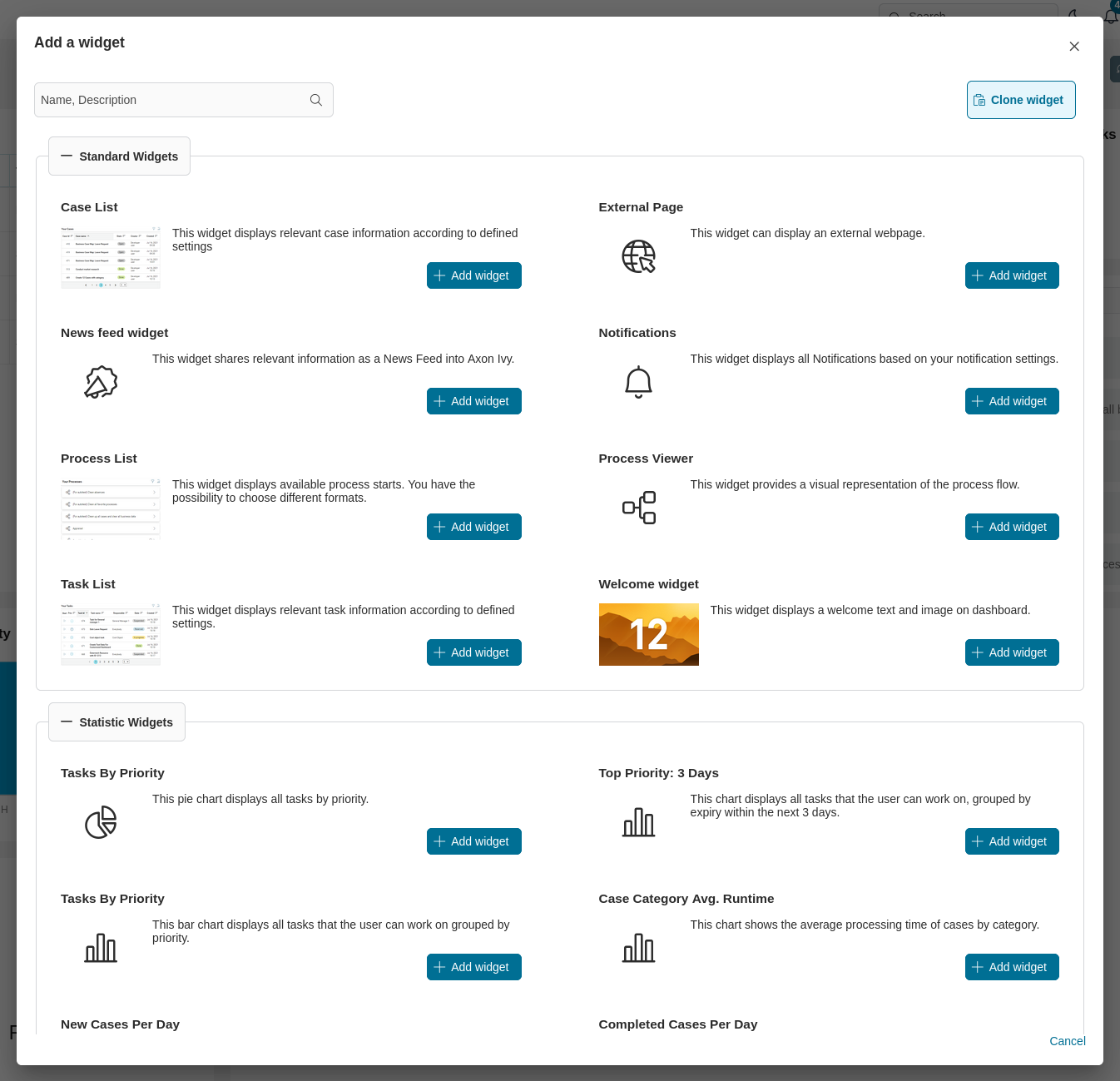 Add new widget dialog