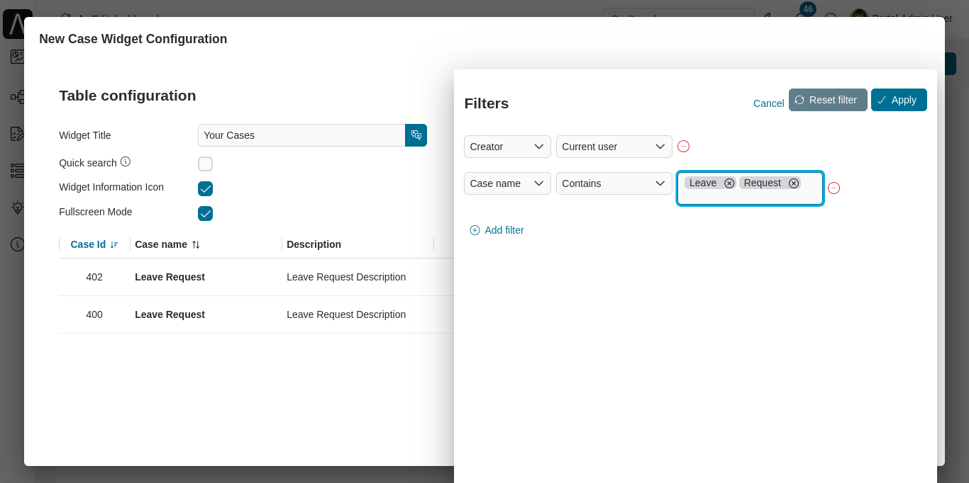 Dashboard case widget's configuration panel