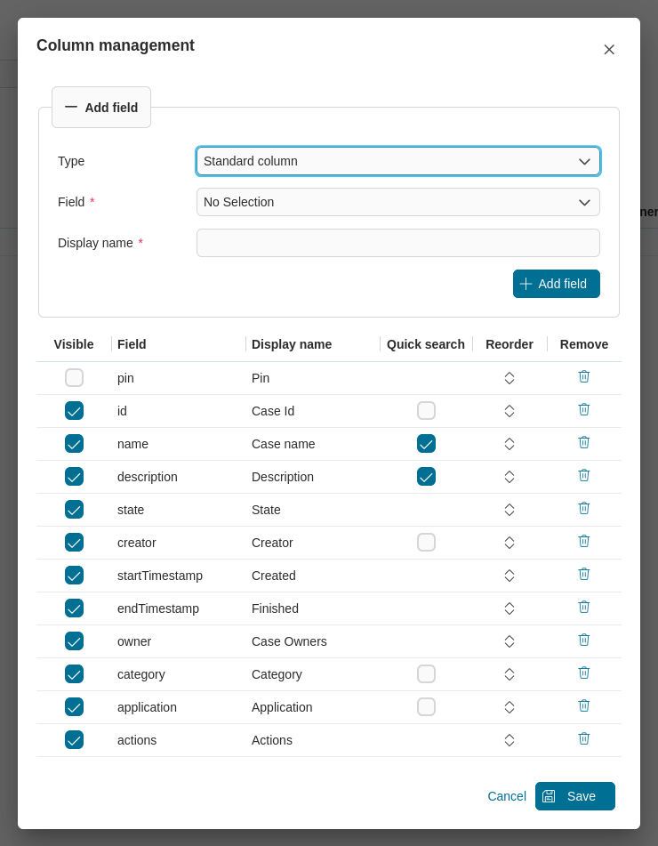 Dashboard case widget's table configuration